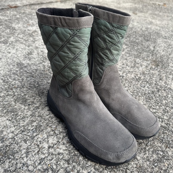 Lands' End Shoes - Lands End Womens Size 8.5 B Gray Suede Leather Zip Up Mid Calf Boots Quilted